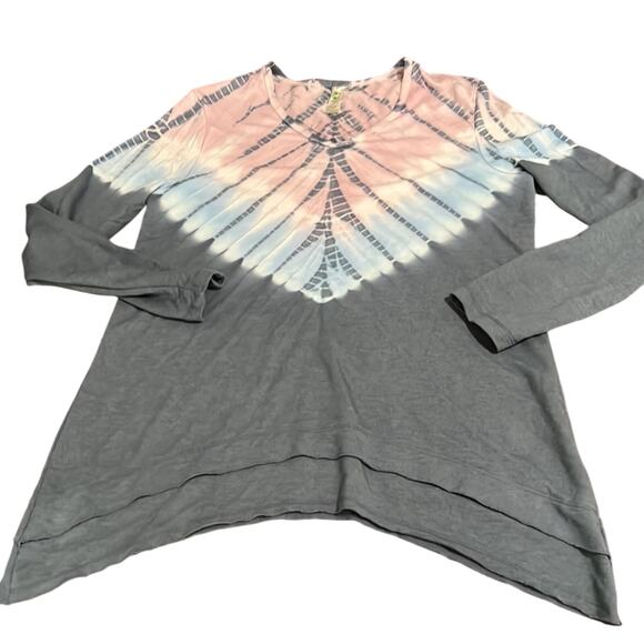 Green Tea Blue & Pink Tie Dye Knit Tunic Top Woman Size Medium V-Neck - Picture 5 of 9